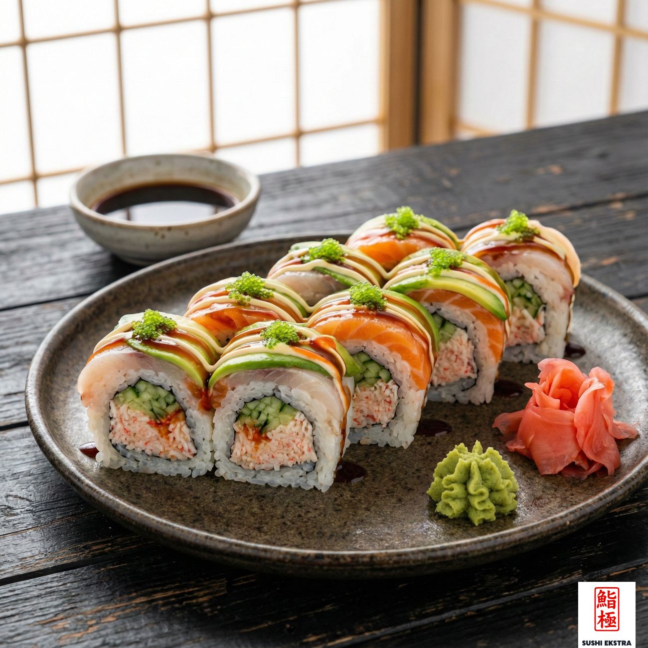 YOI ROLL - Tatlı biber soslu surimi yengeç, salatalık / Üzeri taze norveç somonu, deniz levreği, avokado, tobiko havyarı damla dinamit sos ve teriyaki sos ile.