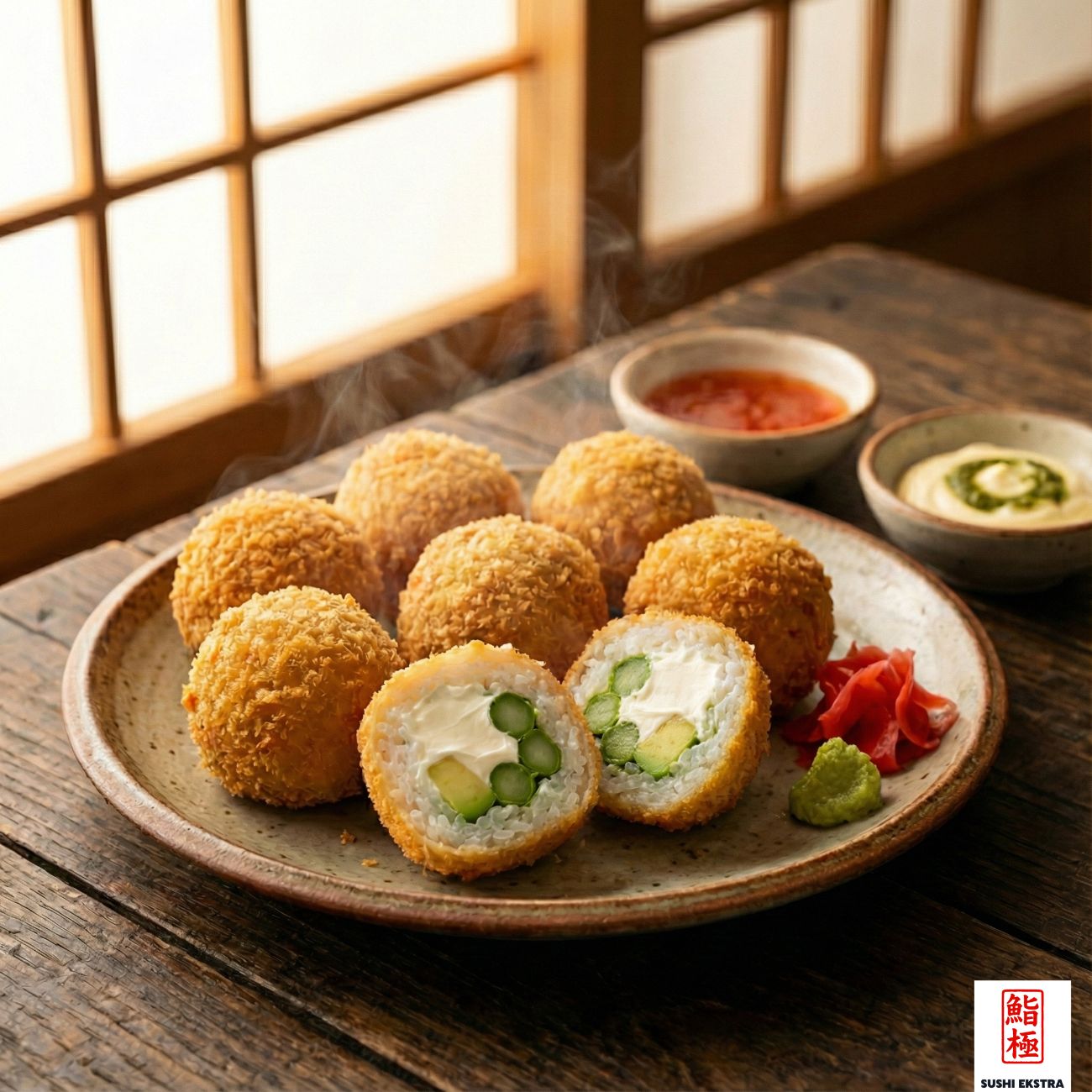 Vegetarian Rokuma - Панированные и обжаренные кусочки суши с начинкой из авокадо, спаржи и сыра Филадельфия, подаются с 1 видом соуса на ваш выбор.