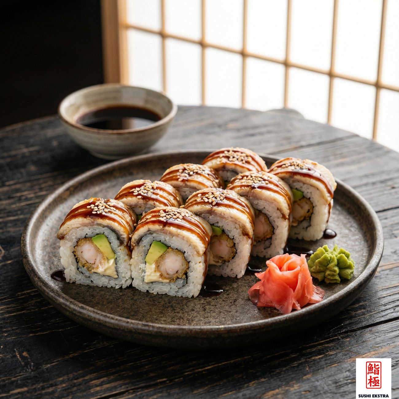 DRAGON ROLL - Panelenmiş ve Kızartılmış Karides, Mayonez, Avokado / Üzerinde Unagi (Yılan balığı) dilimleri, Kabayaki sos ve Susam