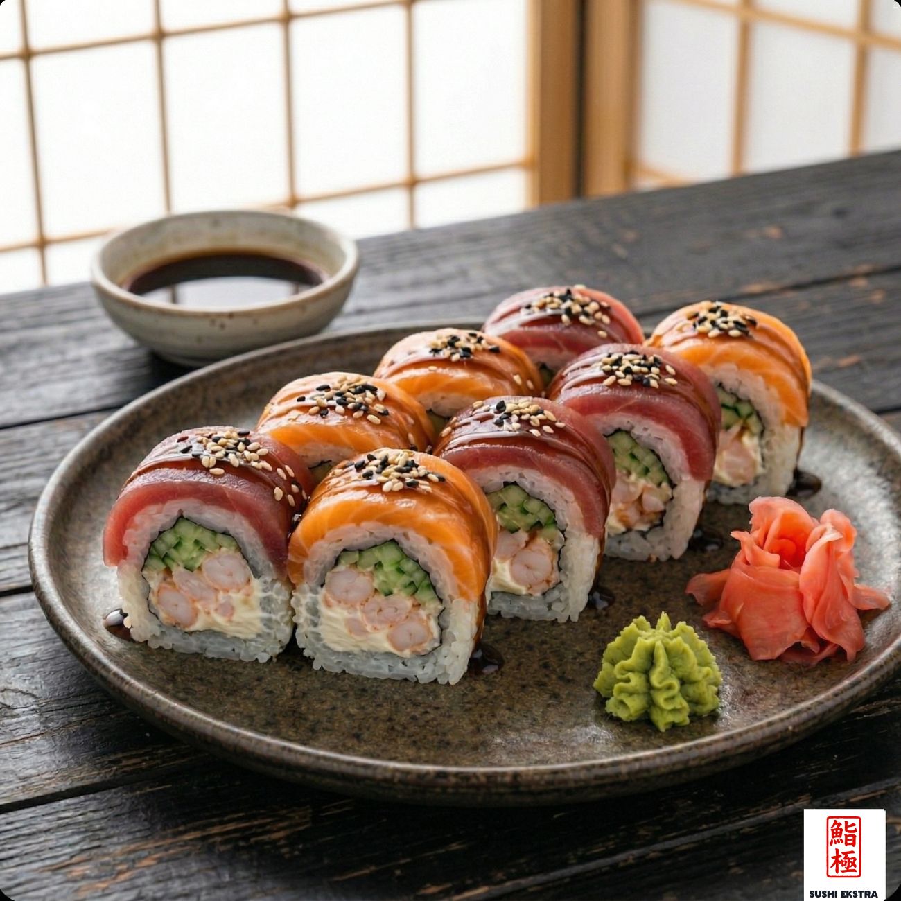 KYOTO ROLL - İçi: Haşlanmış karides, mayonez, salatalık, Üzeri: Somon, orkinos, susam ve teriyaki sos