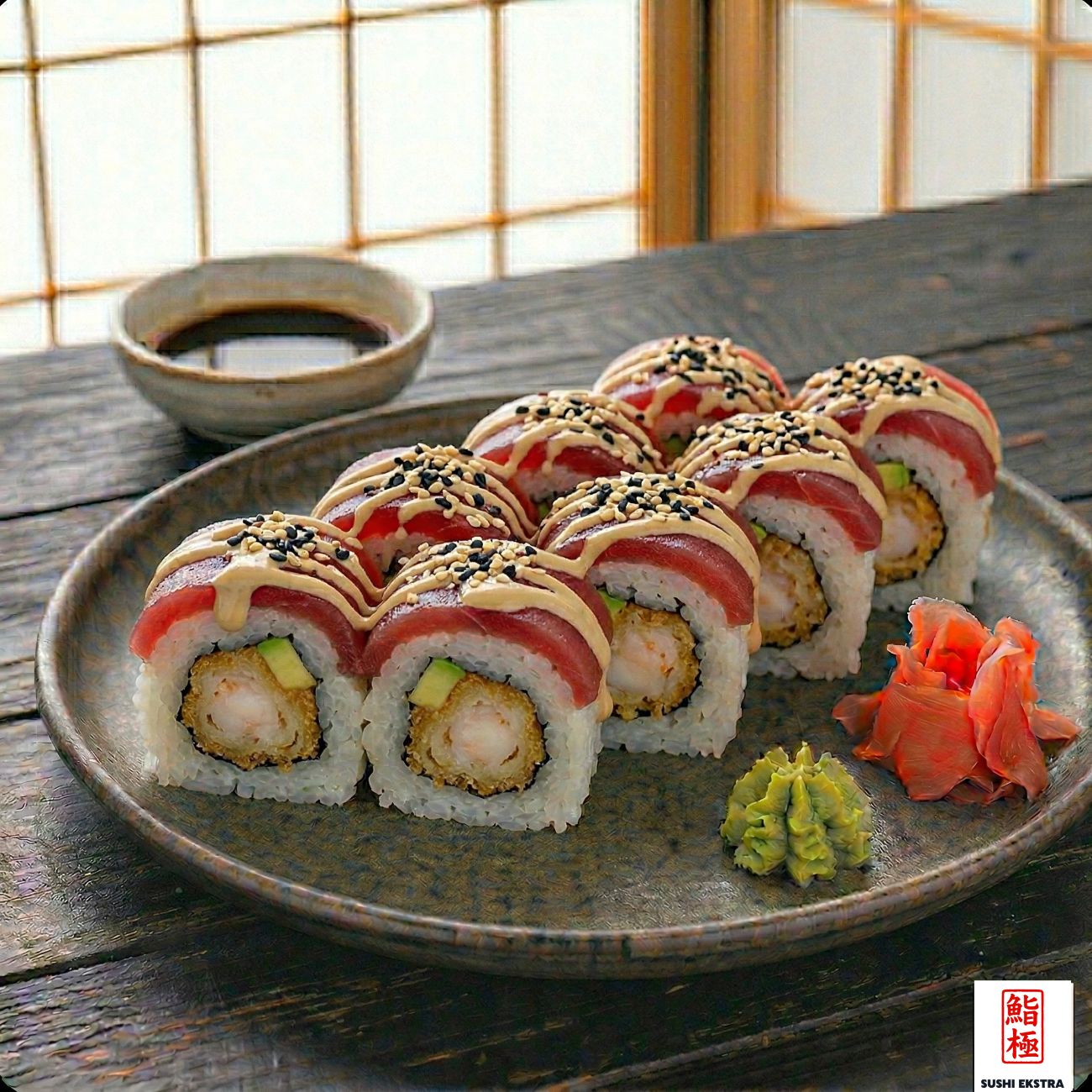 EBİTEN ROLL - İçi: Karides tempura ve avokado Üzeri: Orkinos, dinamit sos ve susam