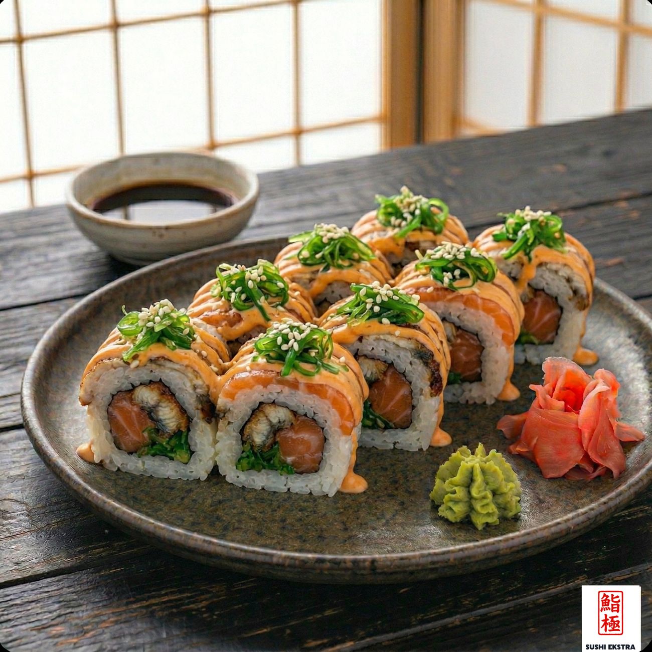 DELUXE ROLL - İçi: Unagi, somon, salatalık / Üzeri: Somon, unagi, dinamit sos wakame ve susam