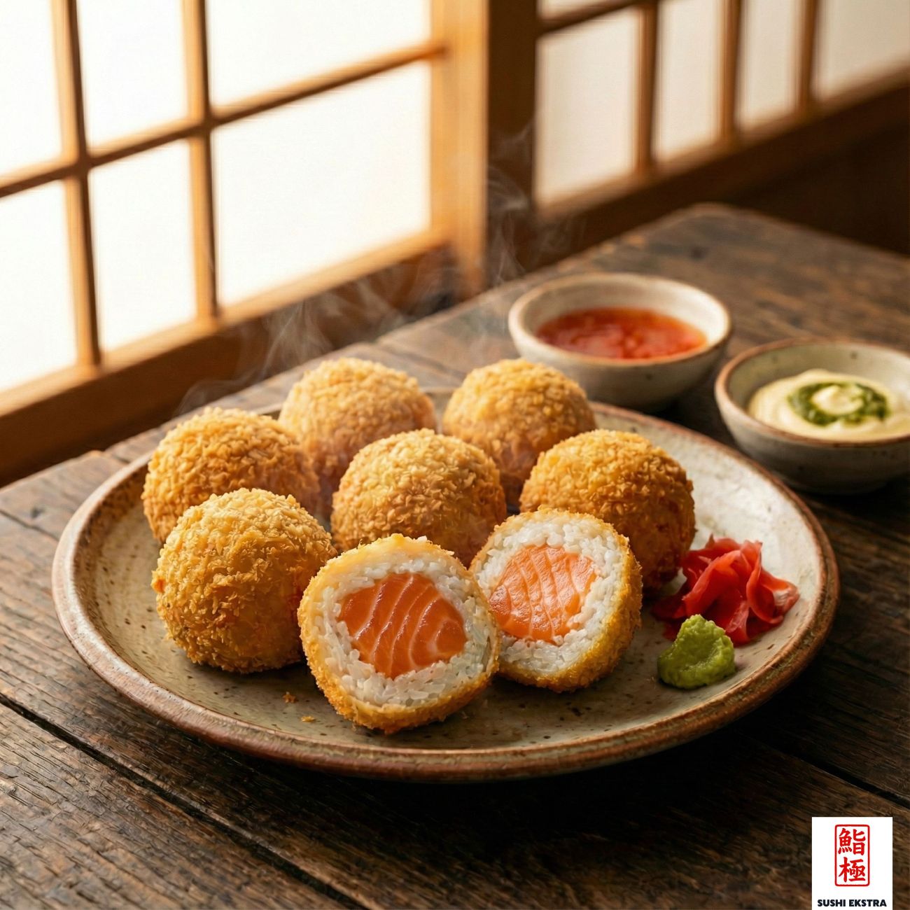 Sake Rokuma - Жареные ломтики суши с начинкой из лосося подаются с 1 видом соуса на выбор.