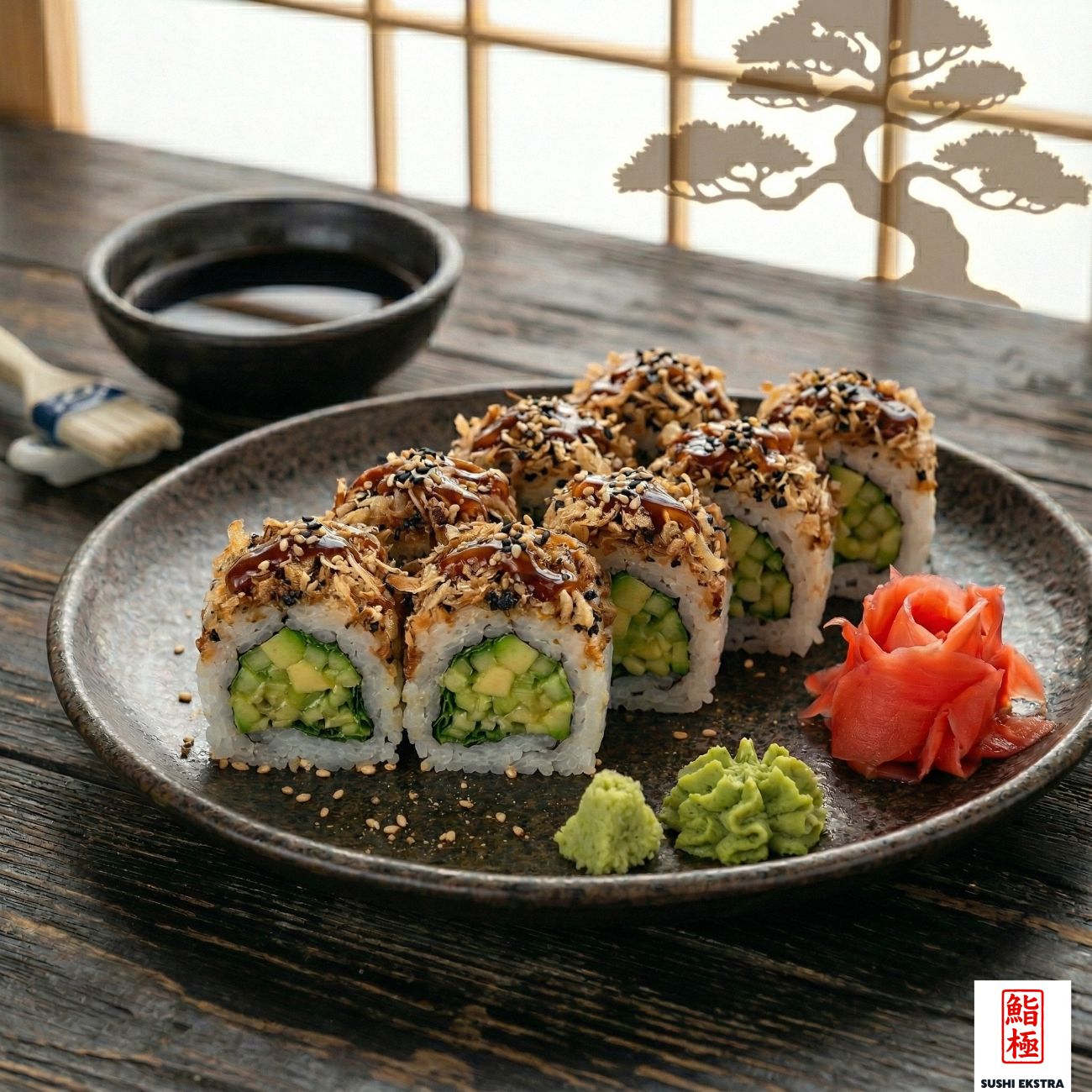 MORİ ROLL - İçi: Salatalık, avokado, Üzeri: Kıtır soğan, teriyaki sos ve susam