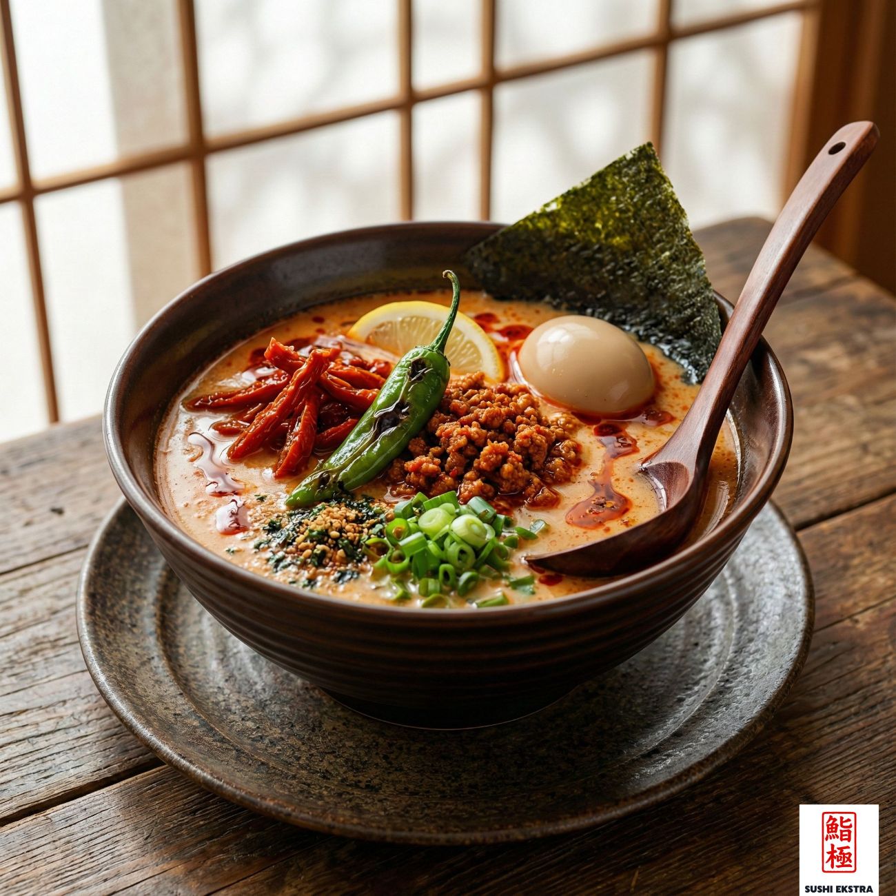 TANTANMEN RAMEN - Susam bazlı tatlandırıcı ve çili yağı ile lezzetlendirilmiş çorbası, El yapımı noodle eriştesi üzerinde, Özel baharatlı kavrulmuş dana kıyma, Ajitama (kürlenmiş haşlanmış yumurta), İstiridye Soslu Kurutulmuş Domates, Taze Soğan, Limon, Köz Biber, Furikake ile servis edilir.