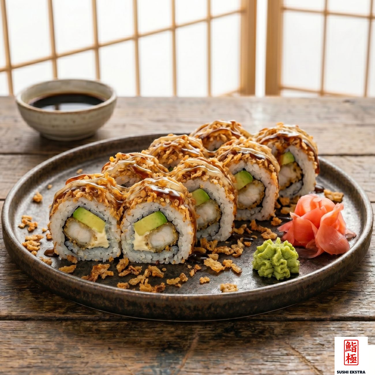 ÇITIR LEVREK ROLL - Avokado, mayonez, kızarmış levrek - üstüne kıtır soğan parçaları, kaki sos ve teriyaki sos