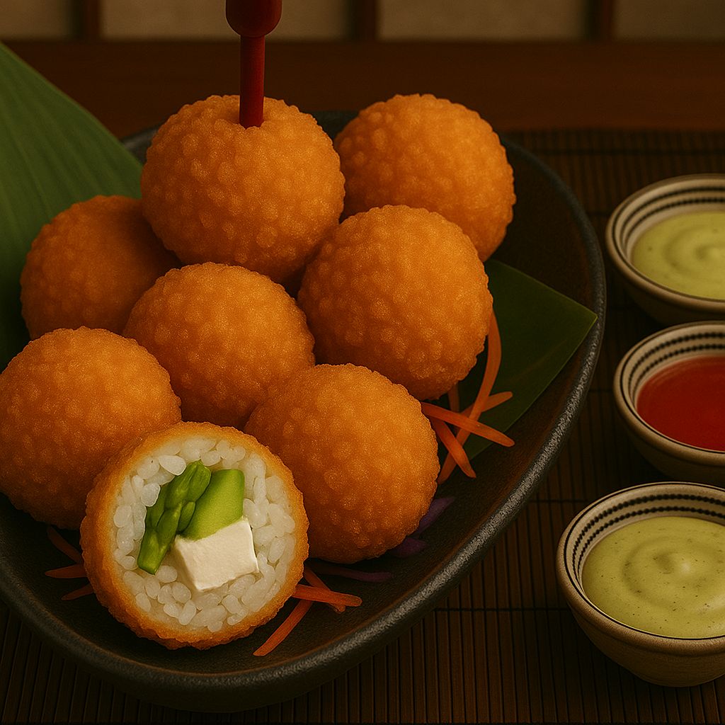 Vegetarian Rokuma - Avokado, Kuşkonmaz ve philadelphia peyniri dolgulu panelenerek kızartılmış sushi dilimleri, yanında seçeceğiniz 1 çeşit sos ile birlikte servis edilir.