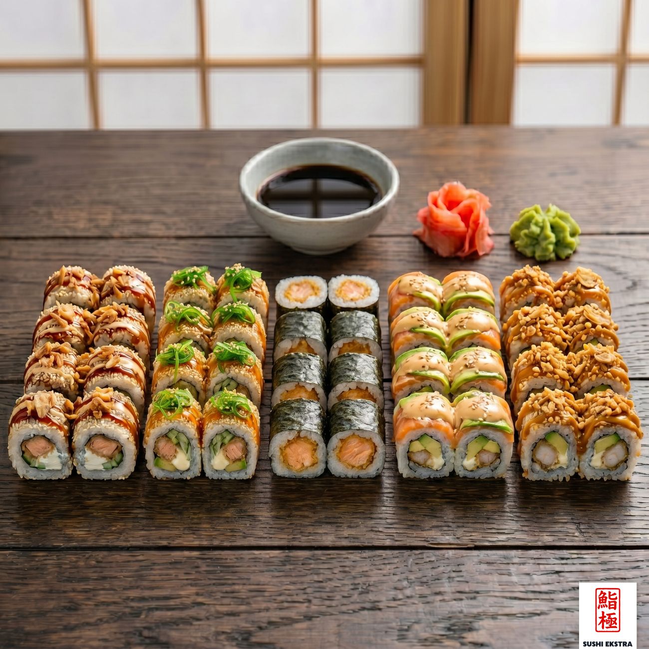 KEN SET - Age Sake Roll (8), Ebino Roll (8), Tokyo Roll (8), Kari Sake Maki (8), Crispy Seabass Roll (8)