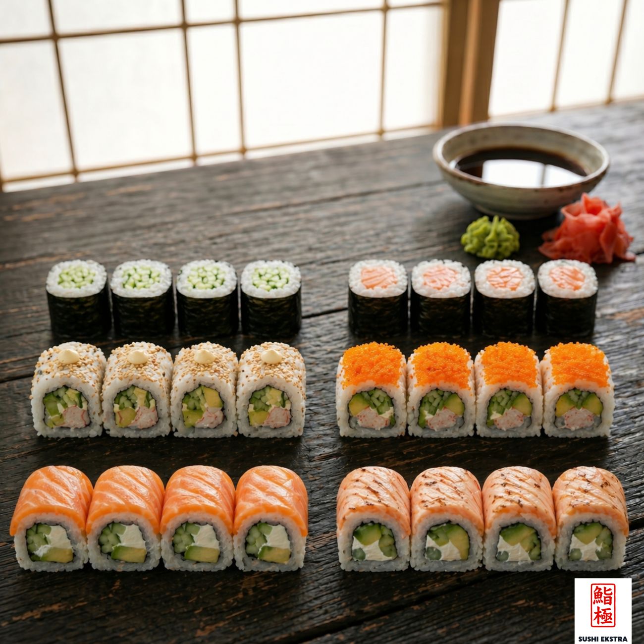 TASTİNG SET - California Roll Susam 4 Adet, California Roll Tobiko 4 Adet, Philadelphia Roll 4 Adet, Yakima Roll 4 Adet, Sake Maki 4 Adet, Kappa Maki 4 Adet