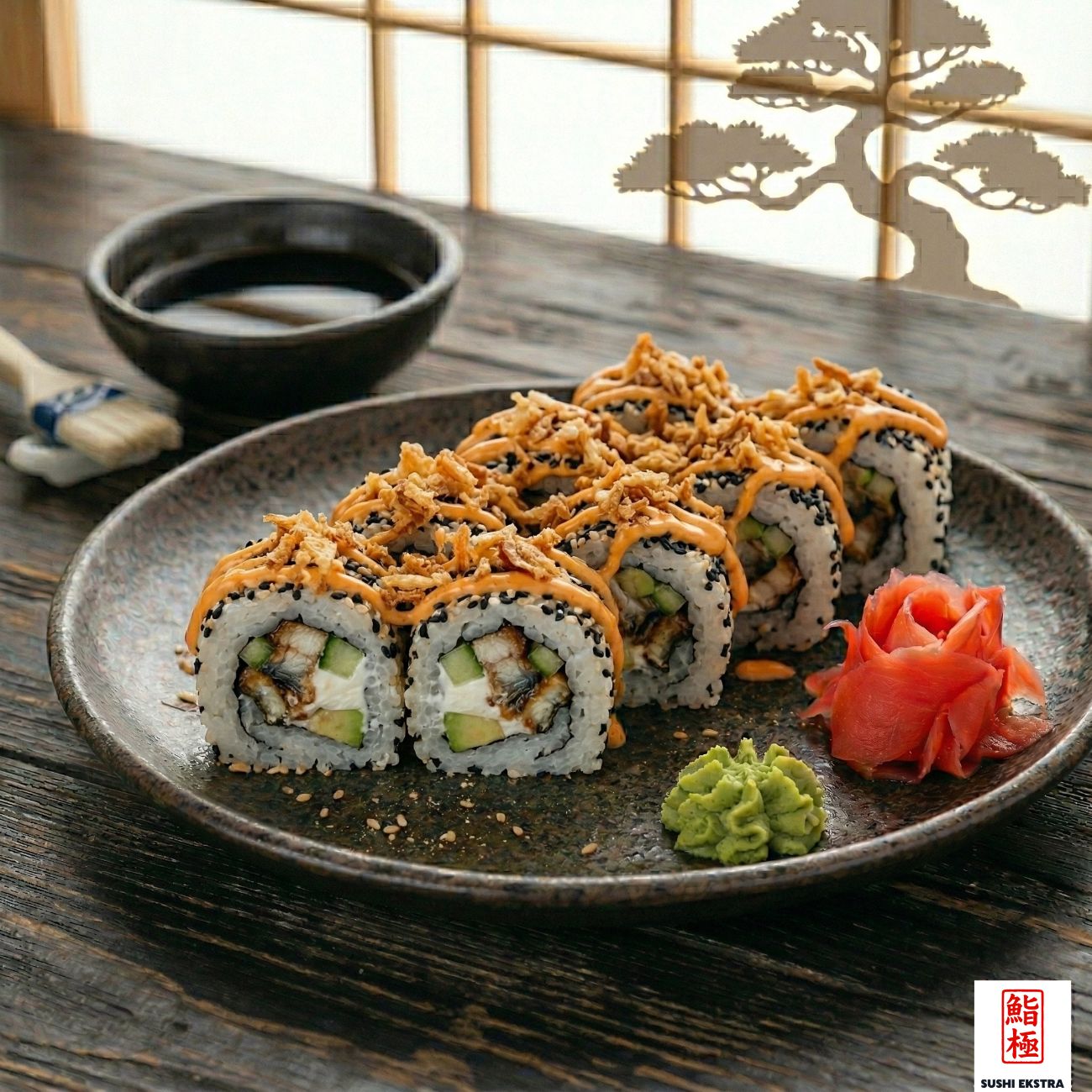CREAM UNAGI ROLL - İçi: Unagi, krem peyniri, salatalık / Üzeri: Susam, çörekotu, dinamit sos ve kıtır soğan