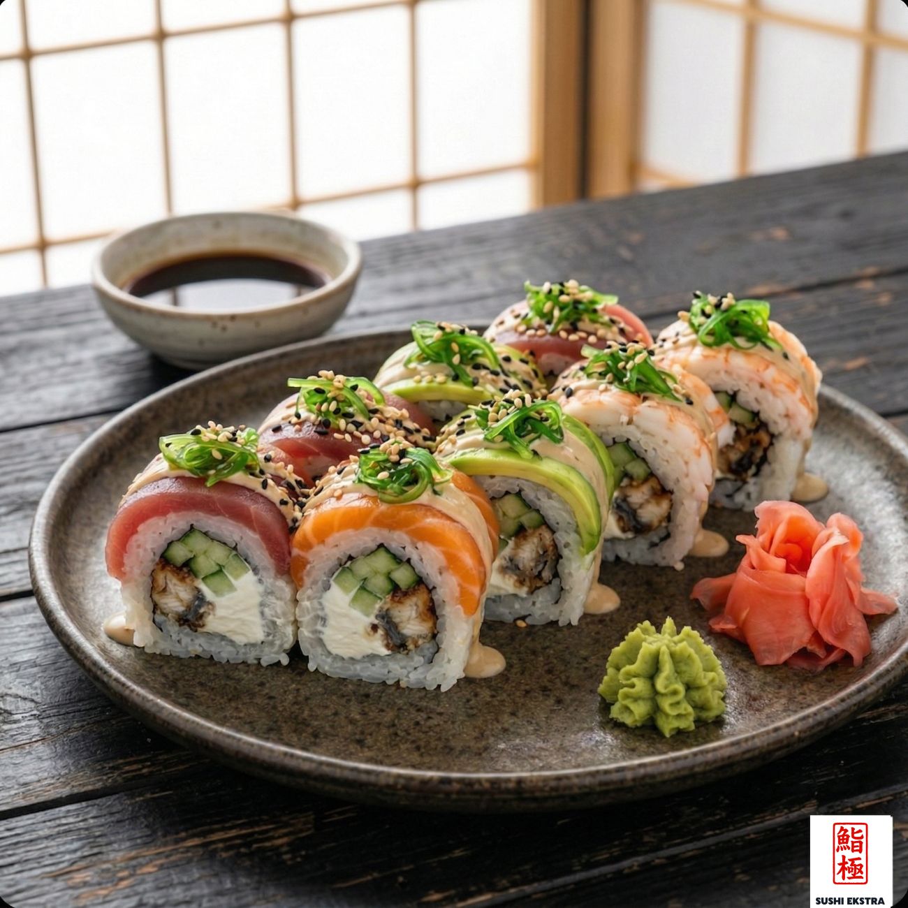 REN ROLL - İçi: Philadelphia peyniri, salatalık ve pişmiş unagi üzeri: Somon, orkinos, karides ve avokado. Dekor olarak istiridyeli kaki sos, susam, wakame yosunu