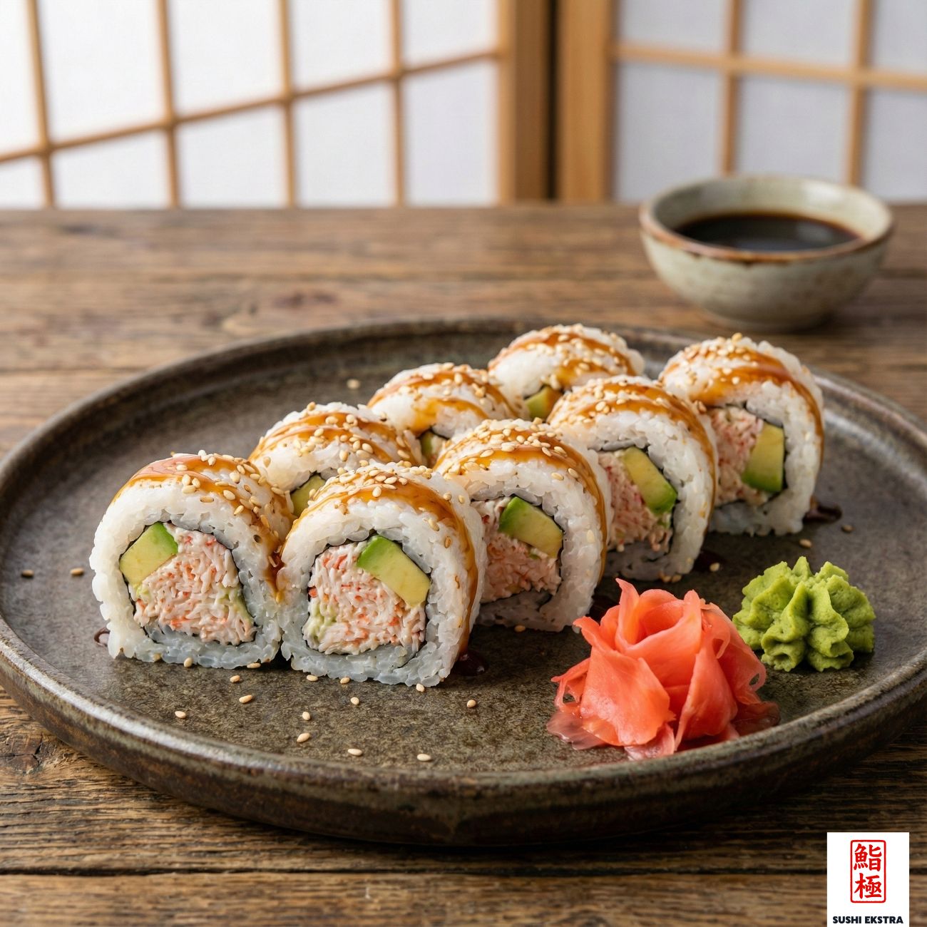 KANZEN ROLL - Hafif acılı dinamit sos ve susamyağı ile lezzetlendirilmiş surumi yengeç eti, avokado / üzeri kaki sos ve susam