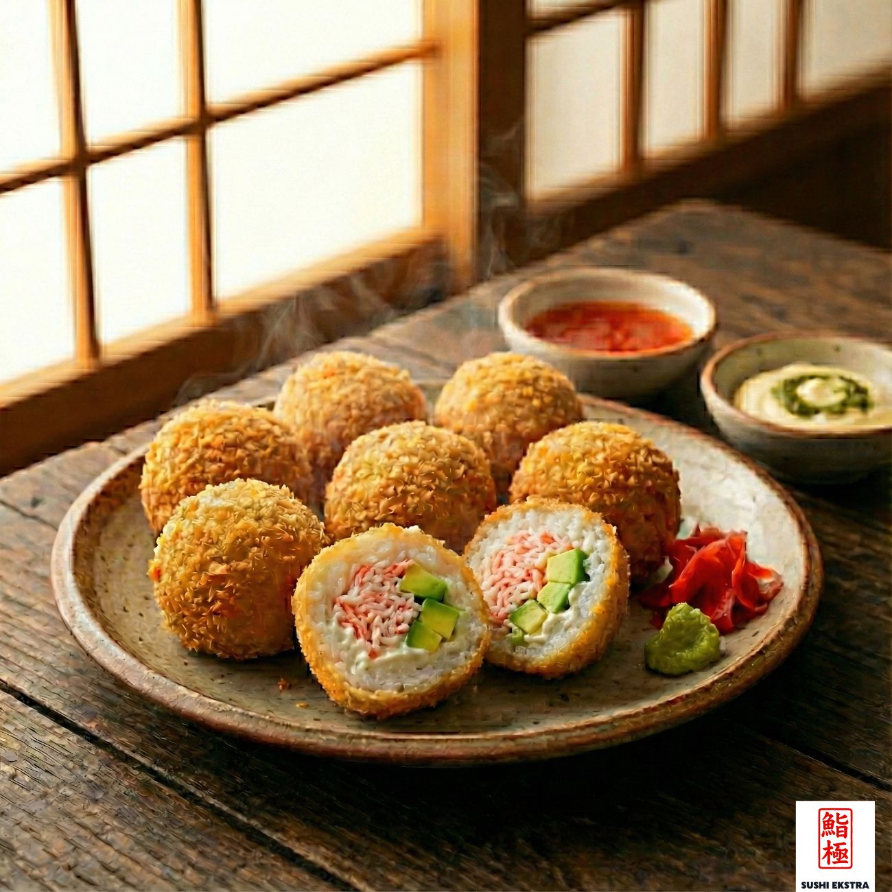 Kani - Avocado Rokuma - Обжаренные на сковороде ломтики суши с крабом суруми и авокадо подаются с 1 видом соуса на ваш выбор.