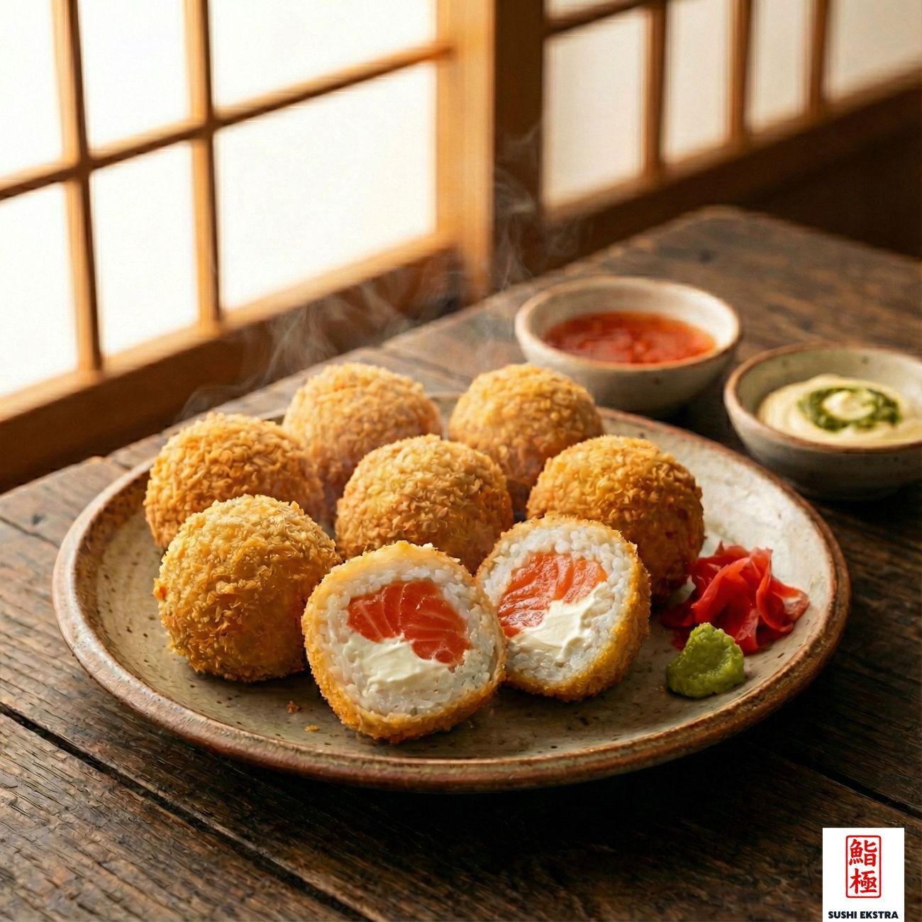 Sake - Philadelphia Rokuma - Обжаренные на сковороде ломтики суши с начинкой из свежего норвежского лосося и сыра Филадельфия подаются с 1 видом соуса на ваш выбор.