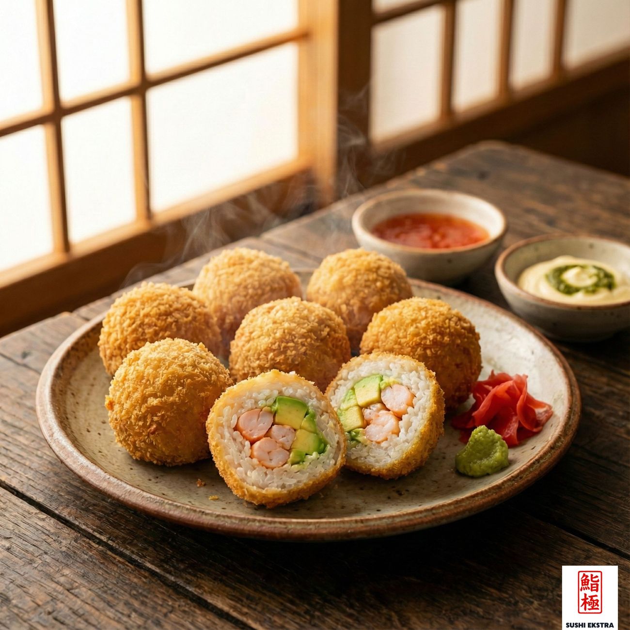 Ebi - Avokado Rokuma - Жареные на сковороде ломтики суши с начинкой из креветок и авокадо подаются с 1 видом соуса на ваш выбор.