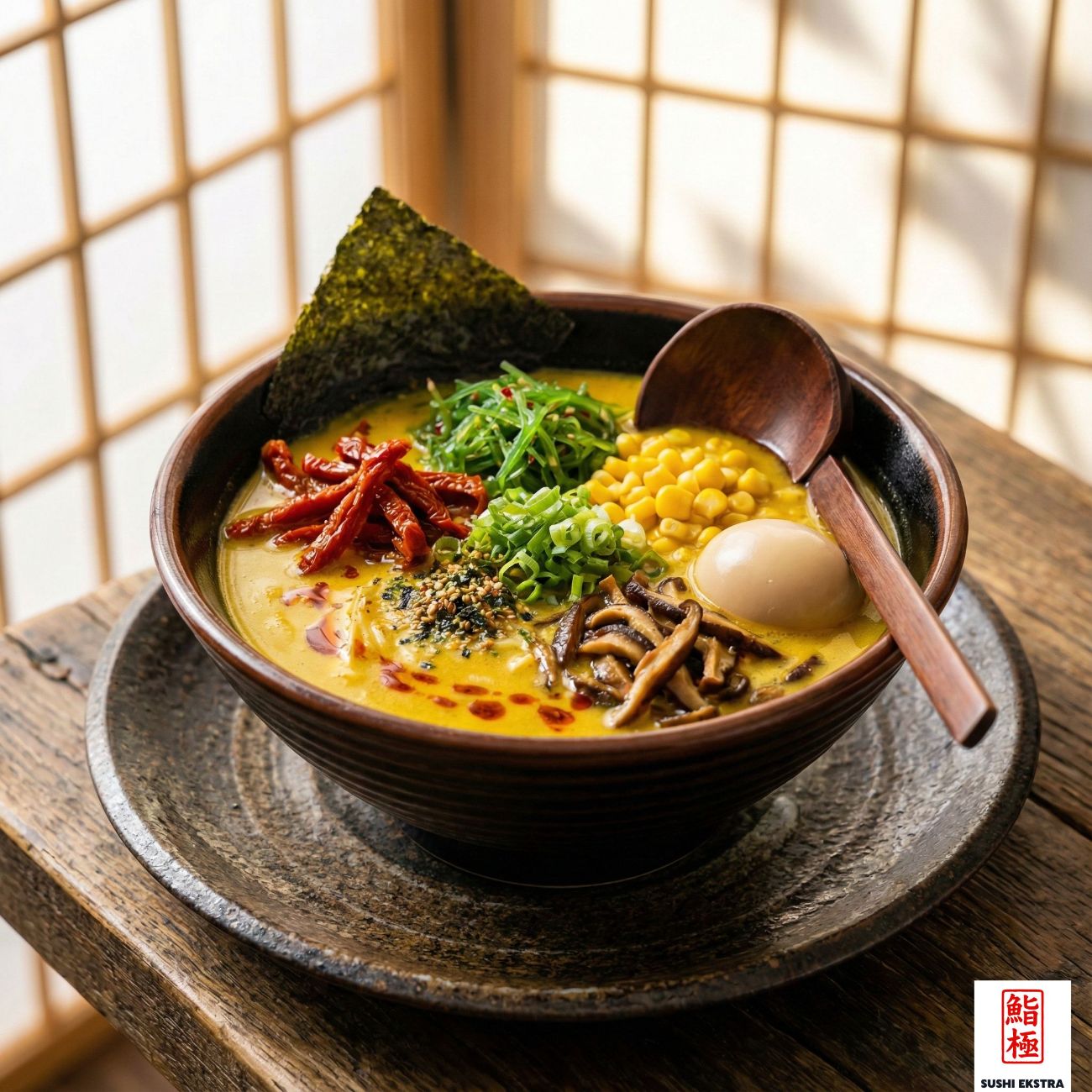 KÖRİ RAMEN - Köri ile zenginleştirilmiş el yapımı noodle eriştesi, ramenin kalbini oluşturur. Üzerinde ajitama (kürlenmiş haşlanmış yumurta), sarımsaklı mantarların zengin aroması, kuru domates, mısır taneleri ve wakame yosununun deniz esintisi bulunur. Taze soğan ve furikake ile son dokunuş yapılan bu ramen, her lokmada köri lezzetinin derinliğini ve malzemelerin uyumunu sunar.