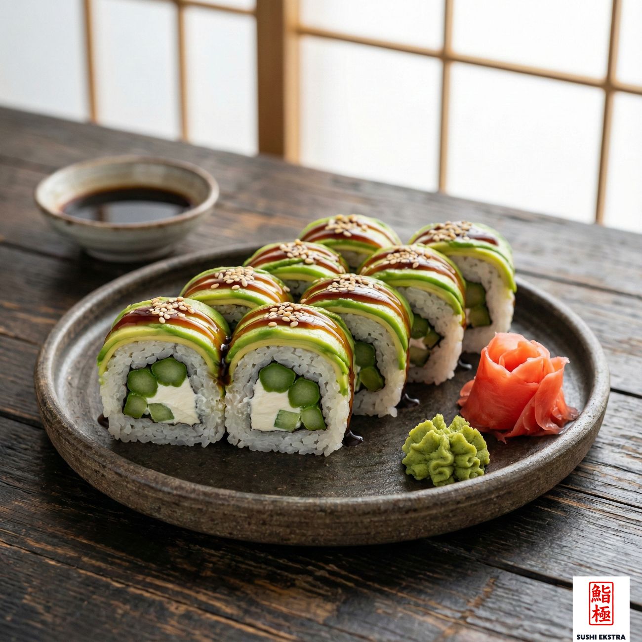VEJETARYEN ROLL - İçi : Kuşkonmaz, salatalık, philadelphia peyniri, avokado / Üzeri : Avocado, kabayaki sos ve susam
