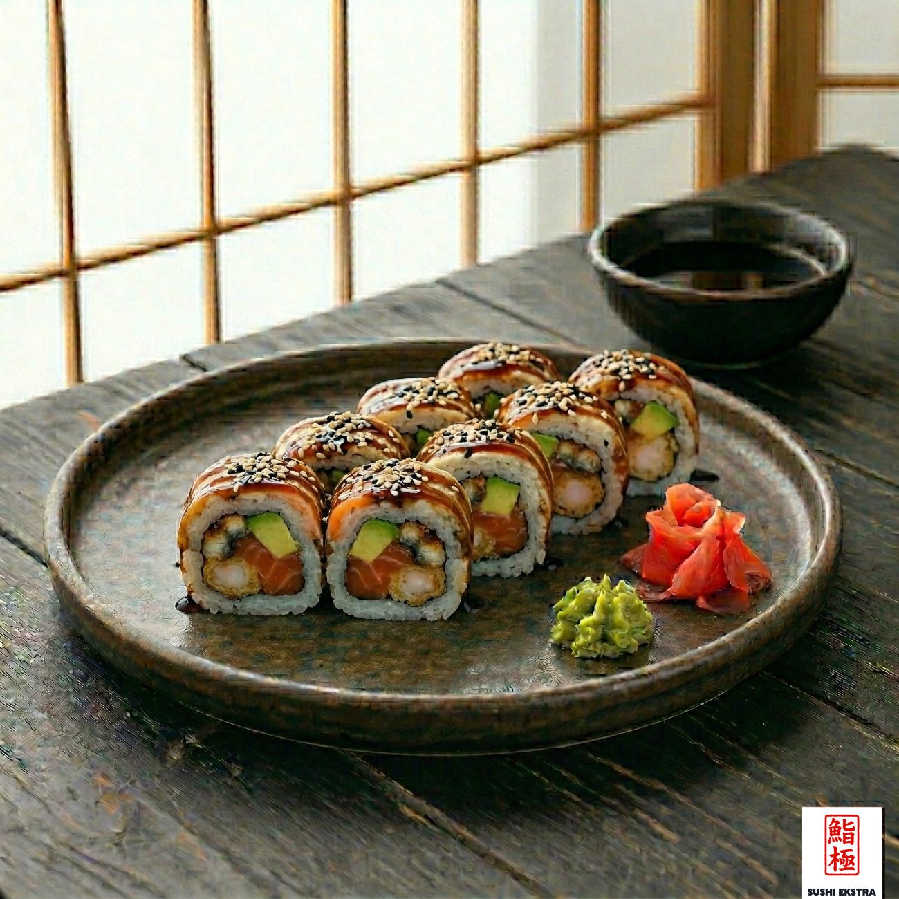 CARNAVAL ROLL - İçi: Somon çiğ, tempura karides, unagi, avokado / Üzeri: Pişmiş Somon, teriyaki sos ve susam