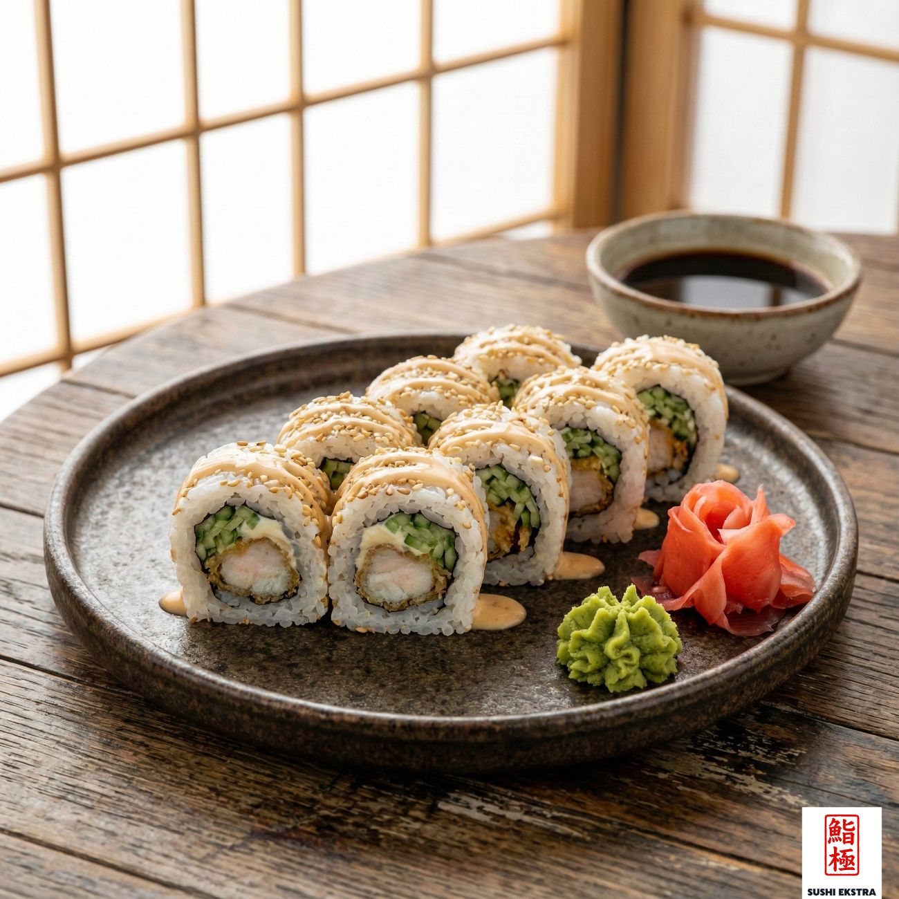 SHİRO ROLL - Tempura Levrek, Mayonez, Salatalık / Üzeri : Susam ve Kaki Sos