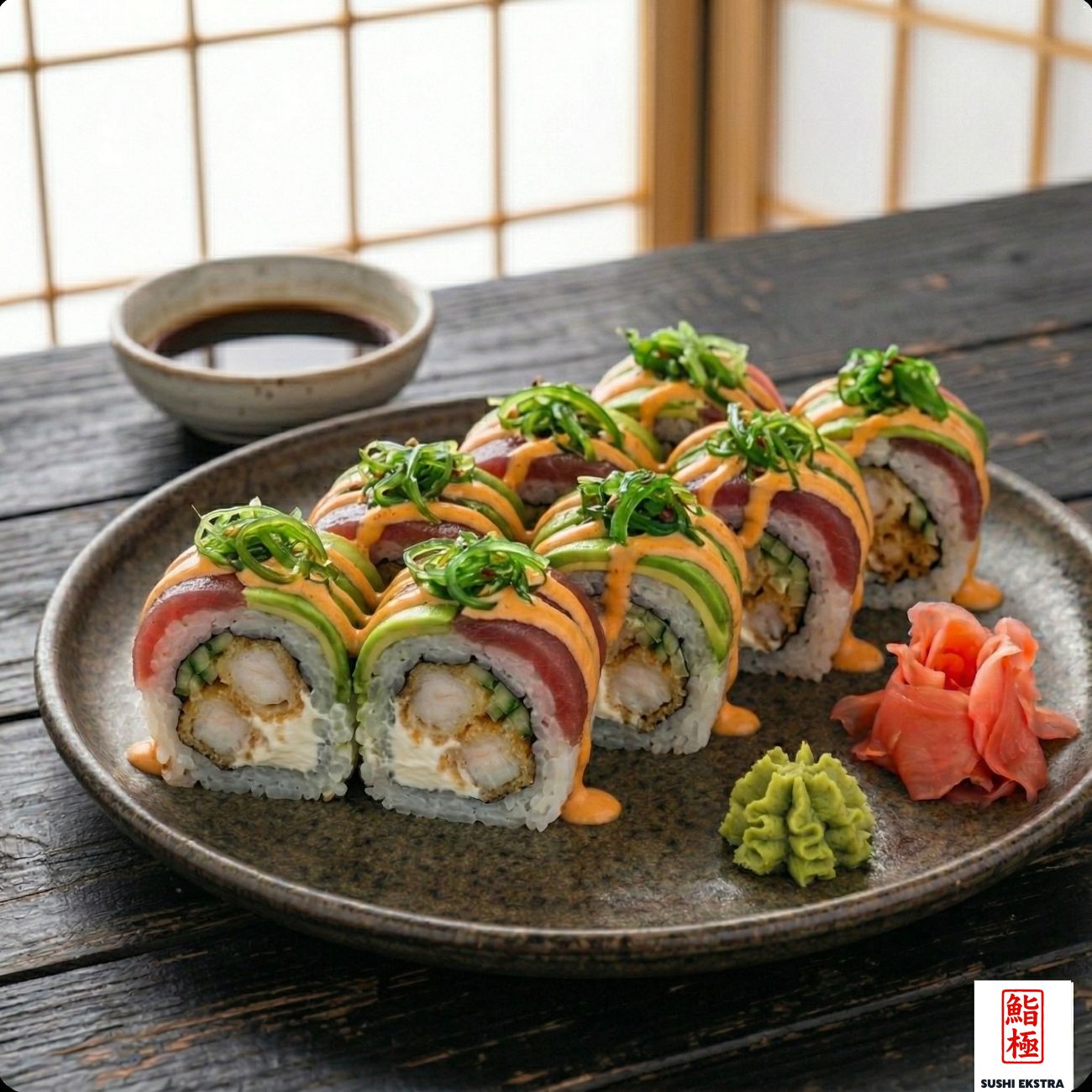 SEKADO ROLL - İçi: Tempura karides, mayonez, salatalık, Üzeri: Orkinos, avokado, dinamit sos ve wakame yosunu