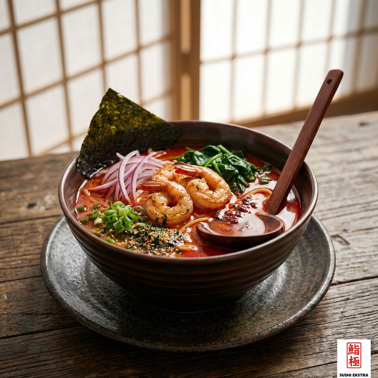 GINGER FIRE RAMEN - Taze lime, zencefil, sarımsak ve acı biberle lezzetlendirilmiş bu ramen, el yapımı noodle eriştesi, ve karides ile servis edilir. Çorbasındaki ekşi narenciye ve hafif acı baharatlar, ferahlatıcı ve dengeli bir tat sunar.