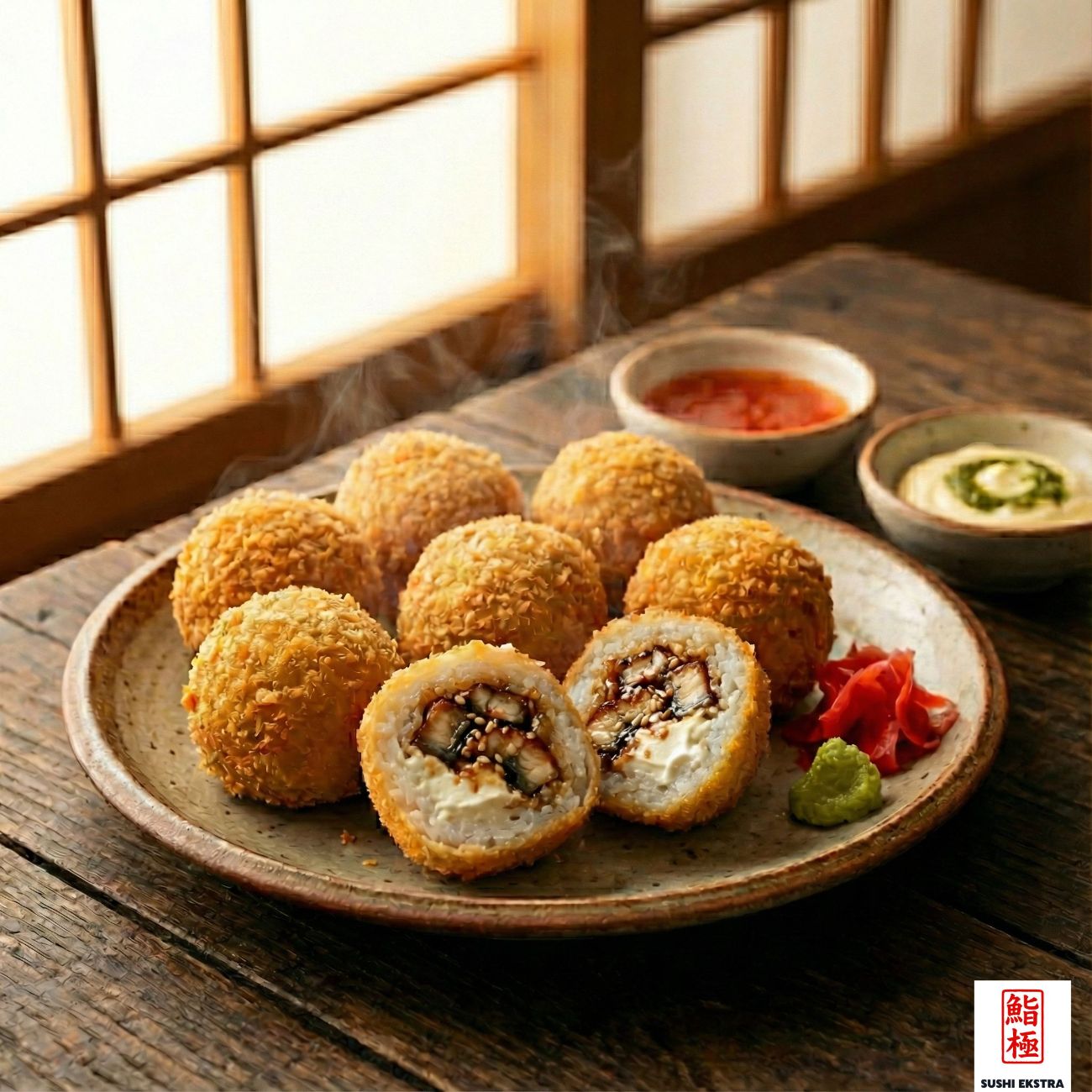 Unagi - Cheese Rokuma - Обжаренные на сковороде ломтики суши с начинкой из унаги и сыра Филадельфия подаются с 1 видом соуса на ваш выбор.