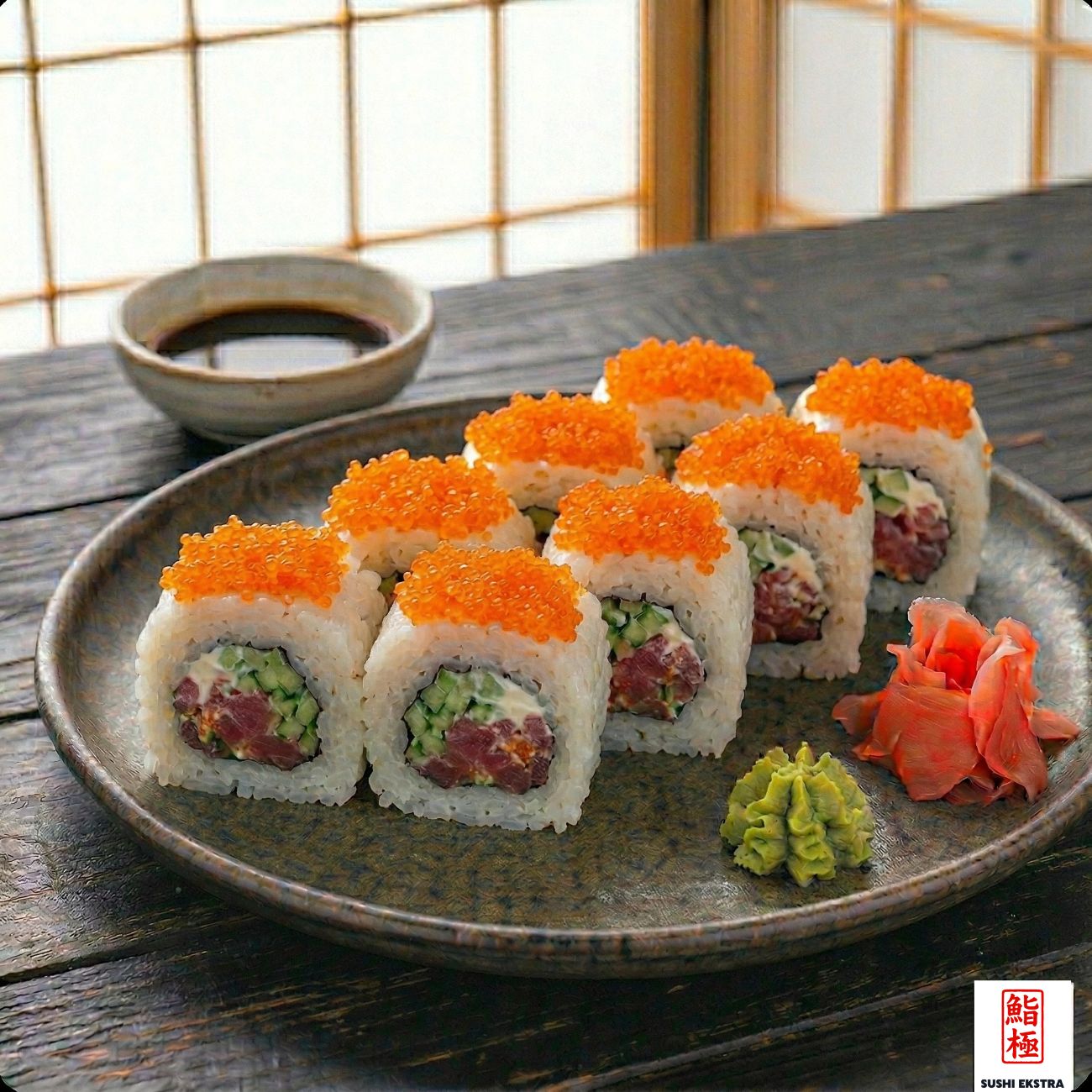 RYU ROLL - İçi: Orkinos, salatalık, mayonez Üzeri: Tobiko havyarı