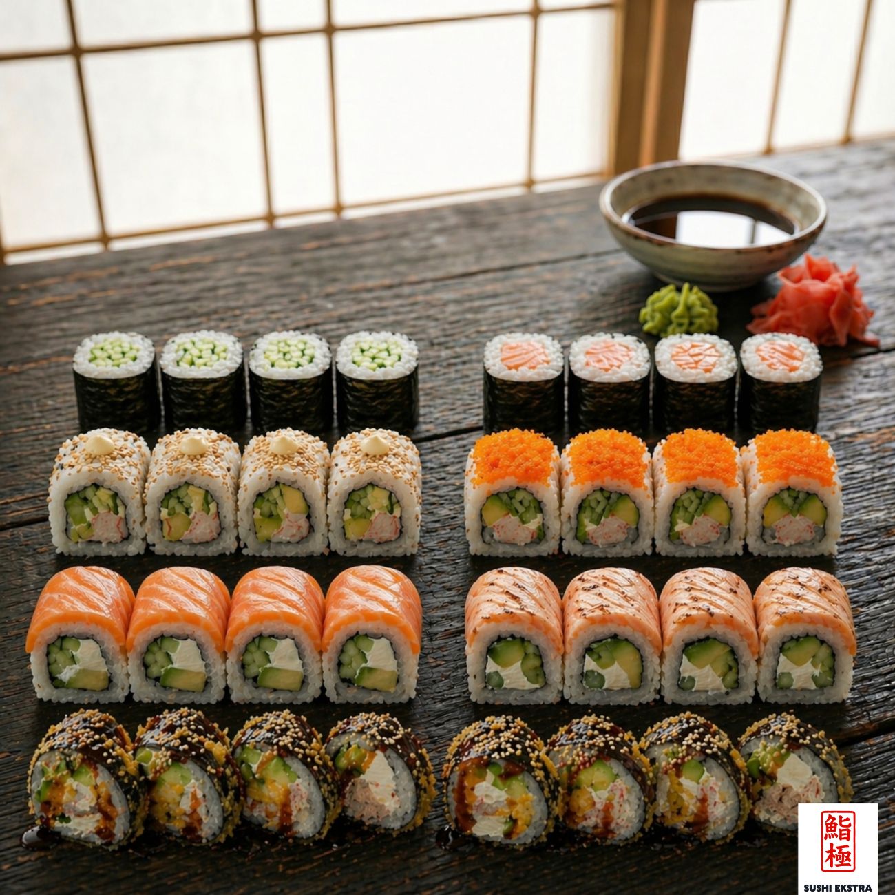 KİİRO SET - California Roll Susam (4), California Roll Tobiko (4), Philadelphia Roll (4), Yakima Roll (4), Sake Maki (4), Kappa Maki (4), Futo Hiroshima (4), Futo Spicy 🥫 Tuna Fried (4)
