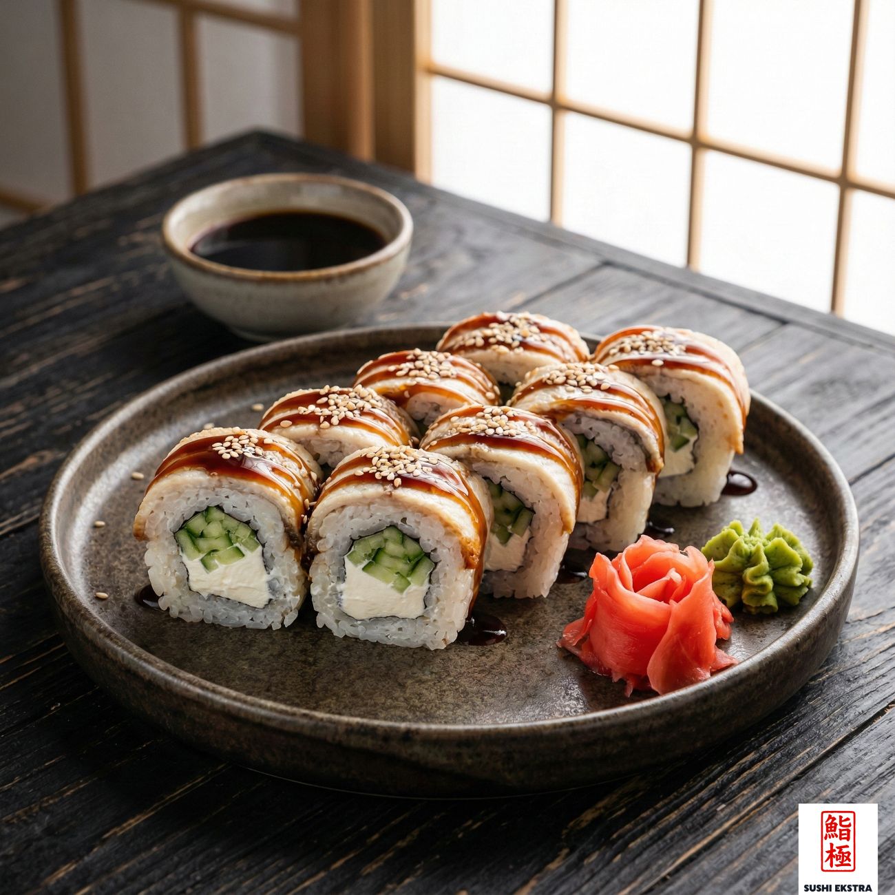 UNAGI ROLL - Salatalık, philadelphia peyniri / üzeri yılan balığı, unagi sos ve susam ile