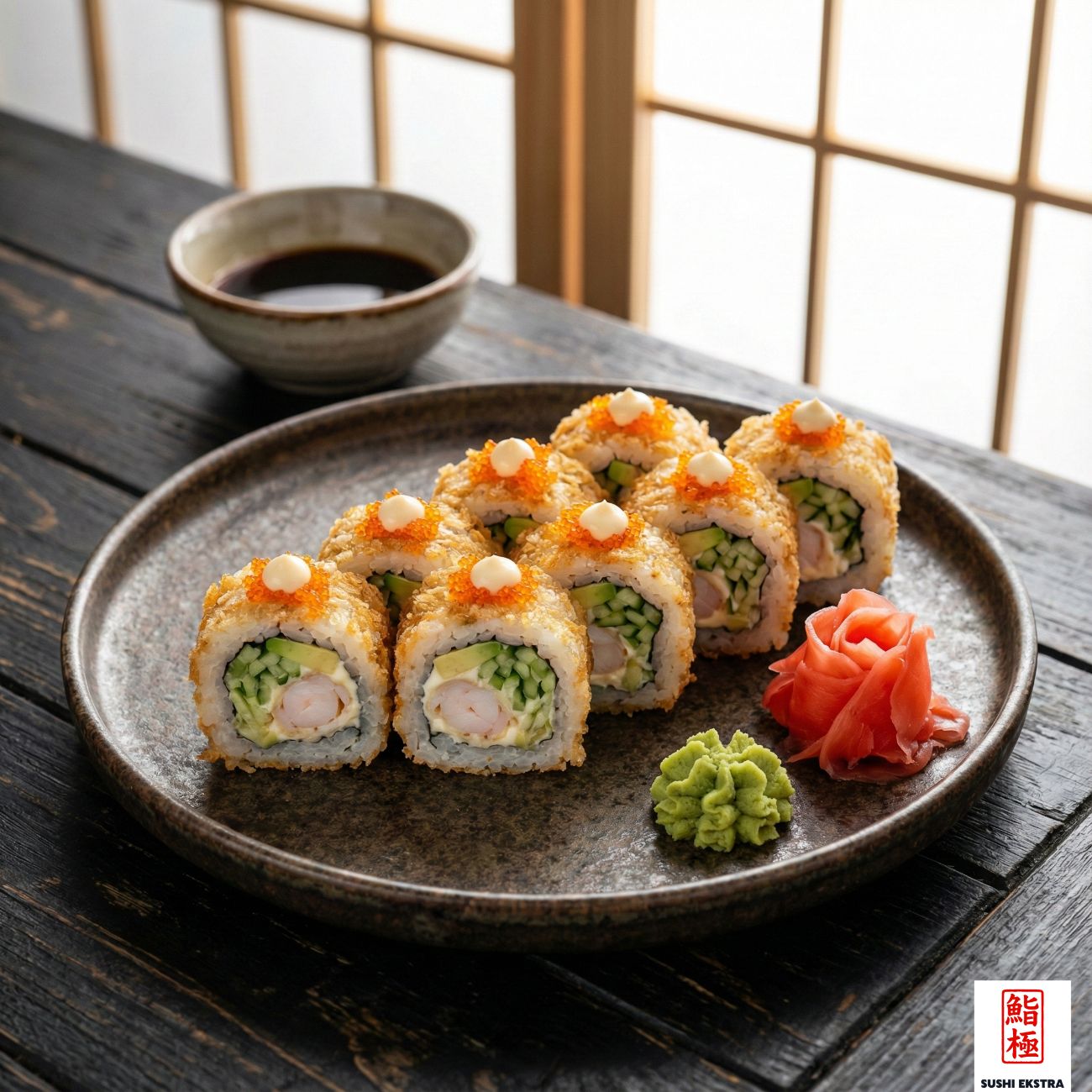 FRIED CALIFORNIA ROLL - Salatalık, avokado, mayonez / Bütün olarak kızartılıp üzeri mayonez ve tobiko havyarı ile