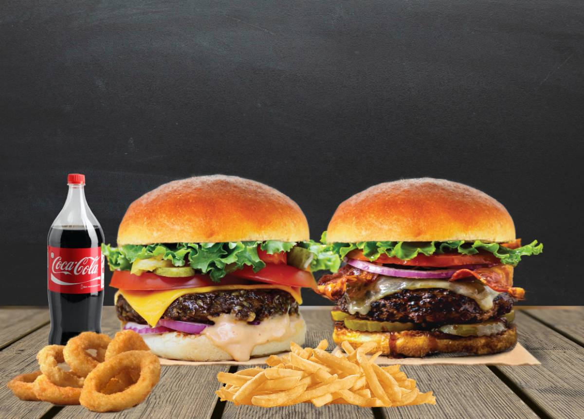 Menü1 - 609 TL. - Seçeceğiniz 2 adet burger ( Classic burger ve ya BBQ burger ) , + 2 adet baharatlı patates + 4 adet Soğan Halkası, 1Lt. İçecek. Fiyat sadece Classic/BBQ burger için geçerlidir. Diğer burger seçimlerinde her burger için alttaki fiyat farkı eklenir. 130 gr. seçimi +25 tl.