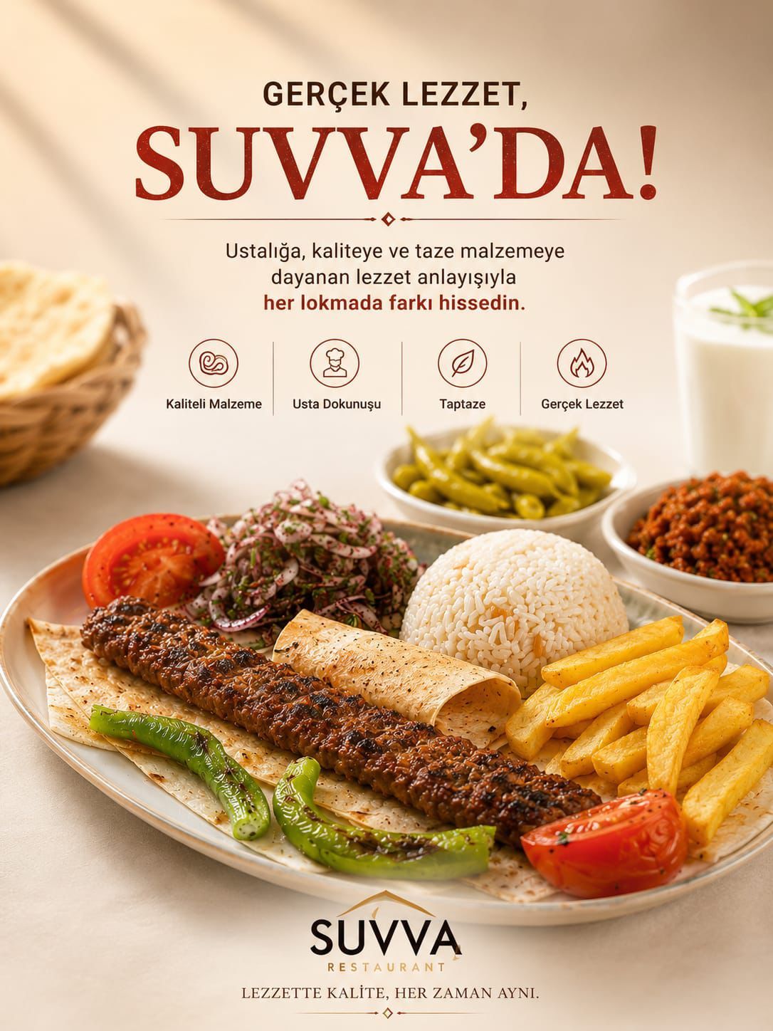 Adana Kebap - 200 gram Adana Kebap, Lavaş, Tereyağlı Pilav ve Patatesli Cips ile servis edilir.