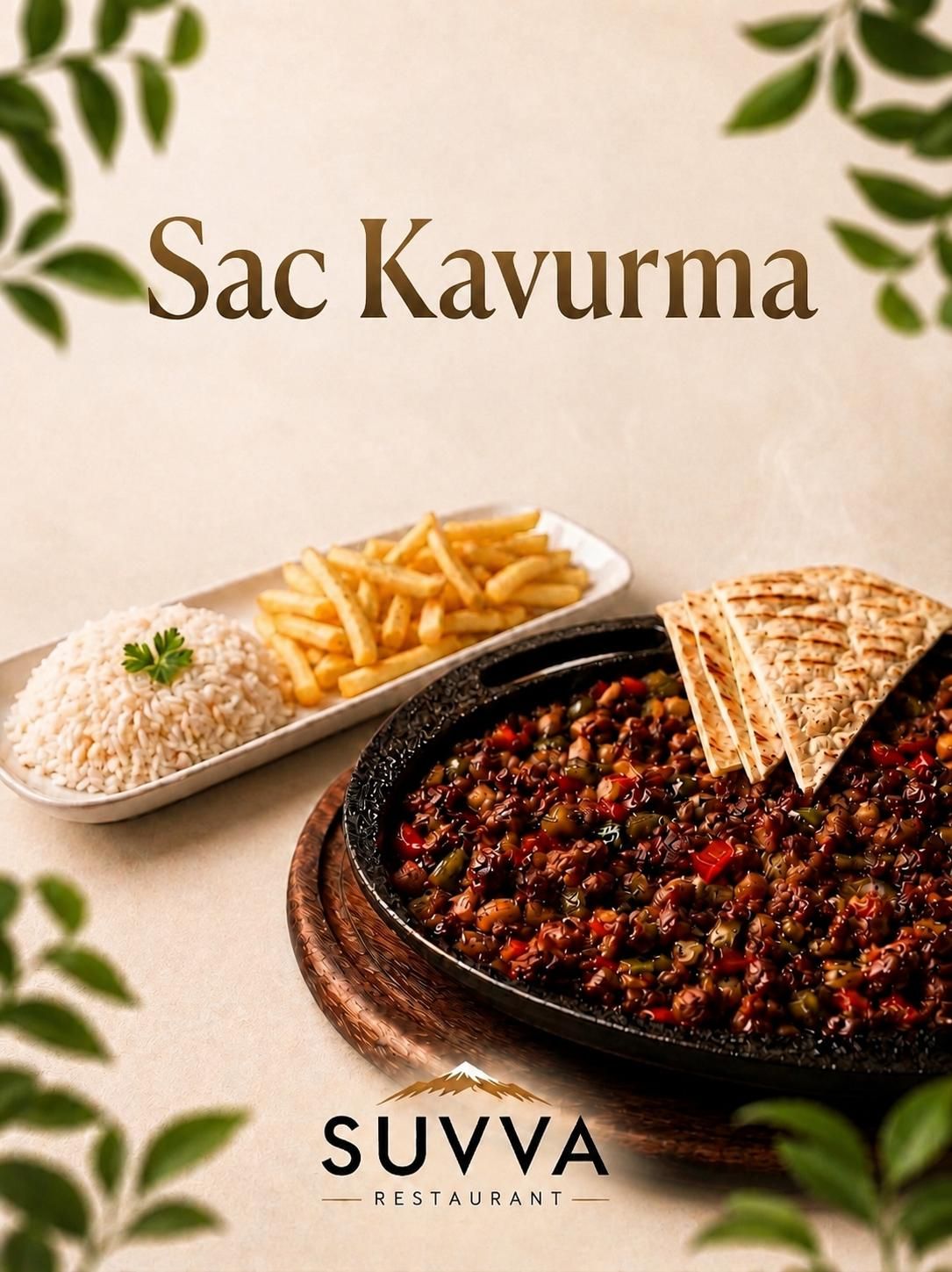 Sac Kavurma - 200 gram Dana Antrikot, Domates, Biber, Soğan ile hazırlanır. Tereyağlı Pilav ve Patates Cips ile servis edilir.
