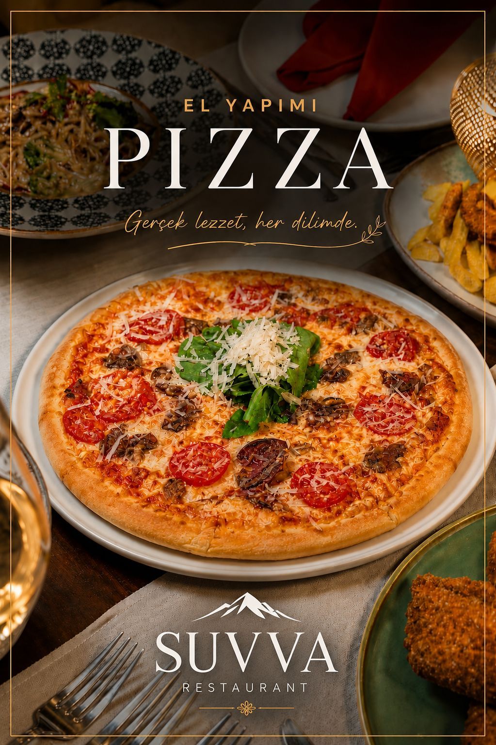 Pepperoni Pizza - Özel Sos, Mozerella Peyniri, Sucuk, Çeri Domates, Roka yaprakları ve Parmesan Peyniri ile servis edilir.