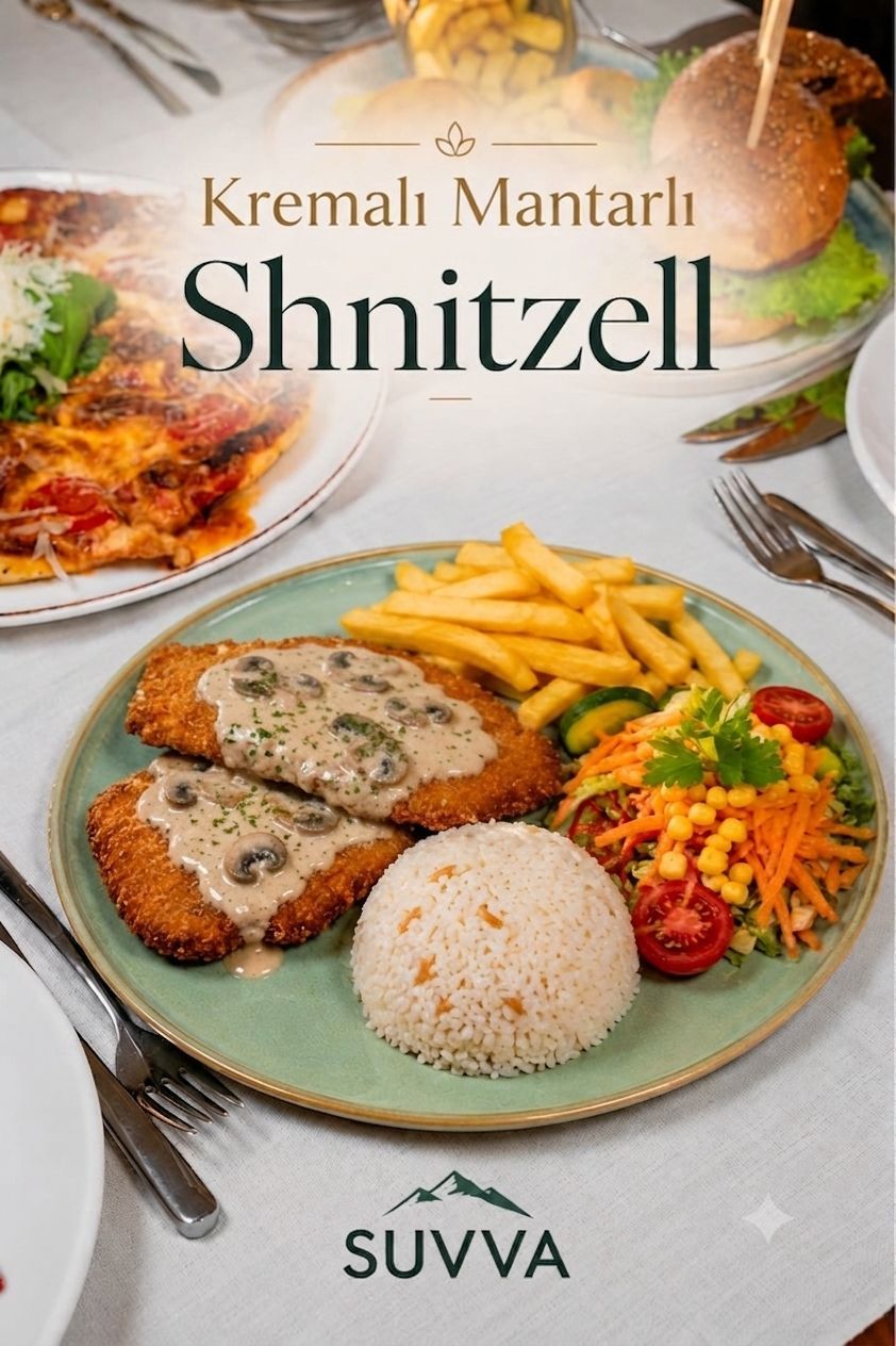 Kremalı Mantarlı Schnitzel - 200 gram Tavuk Bonfile, Pane harcı ile hazırlanır. Kremalı Mantarlı Sos, Patates Cips ve Tereyağlı Pilav ile servis edilir.