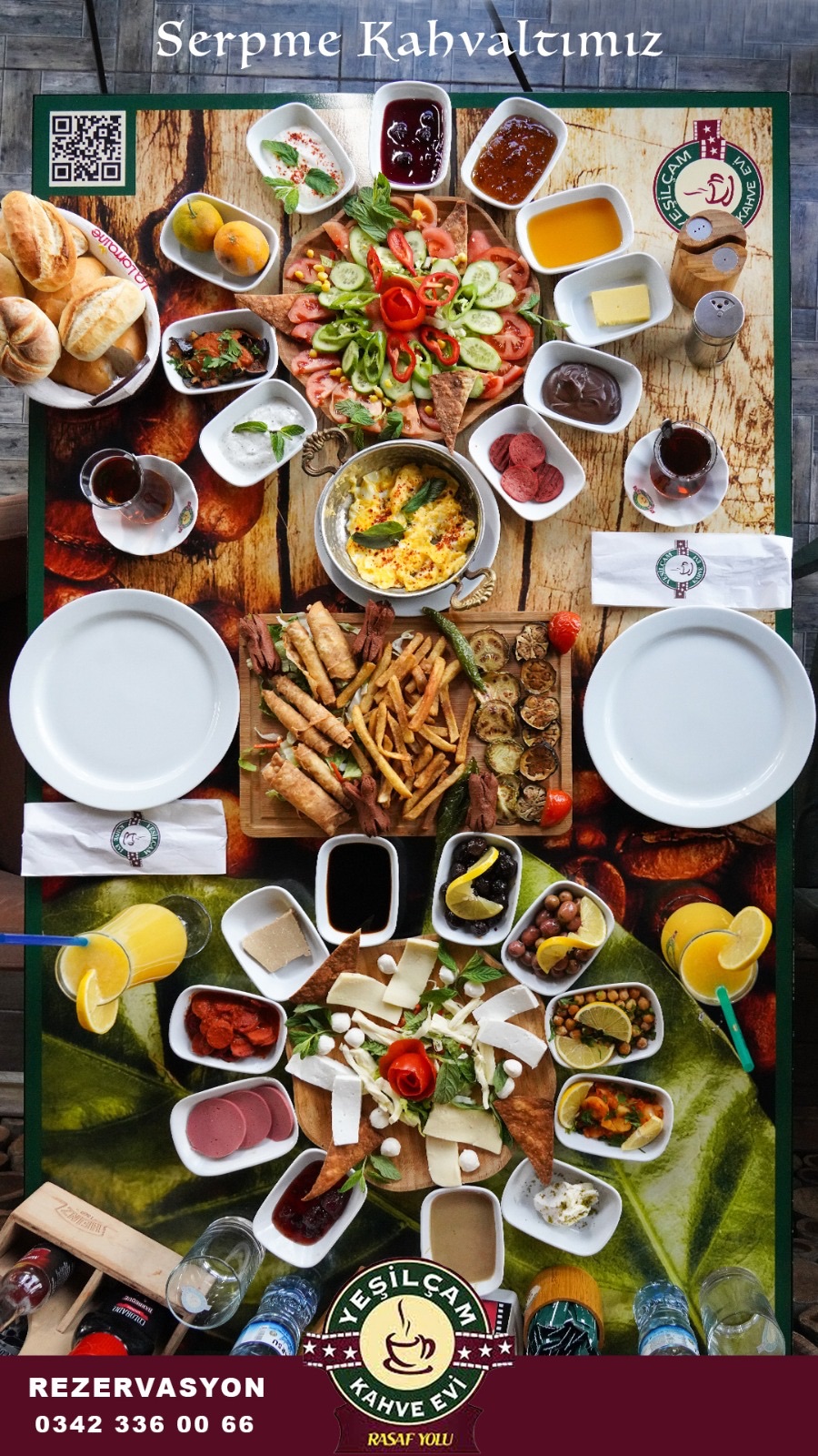 Damat Ferit (Serpme Kahvaltı) - En az 2 kişilik servis edilir.Kişi başı olarak ücretlendirilir.Hazırlanma süresi 20-25 dakikadır.12 çeşit kahvaltı tabağı-söğüş tabağı-peynir tabağı-kızartma tabağı-sahanda yumurta-meyve tabağı