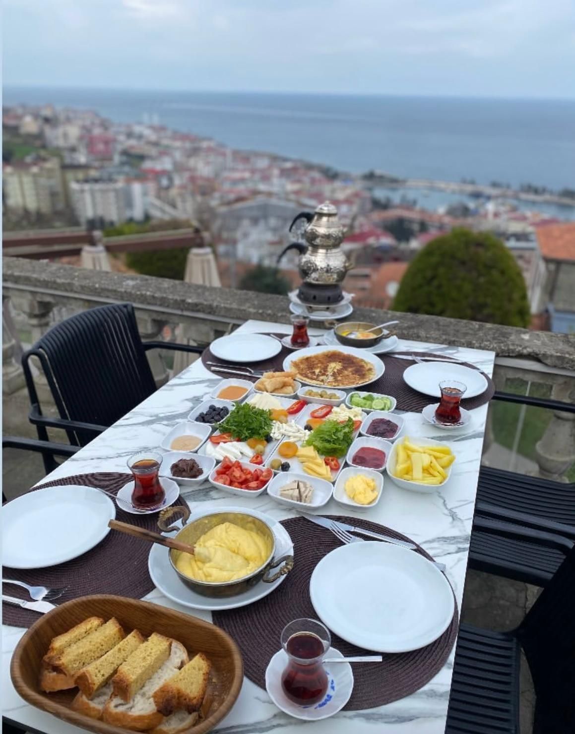 FREQUENT BREAKFAST (PER 5 PEOPLE) - white cheese, kashar cheese, kars kashar, burgu cheese, ezine cheese, black olives, green olives, jam, honey, butter, chocolate, cucumber, tomato, kuymak, fried egg, kaygana, spring rolls, french fries, sausage