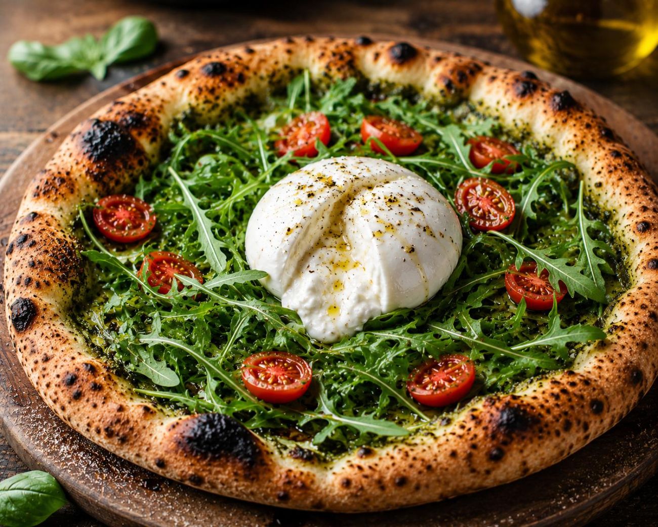 PIZZA BURRATA - Burrata peyniri, Krem Peynir, Rokka, Çeri Domates, Pesto sos