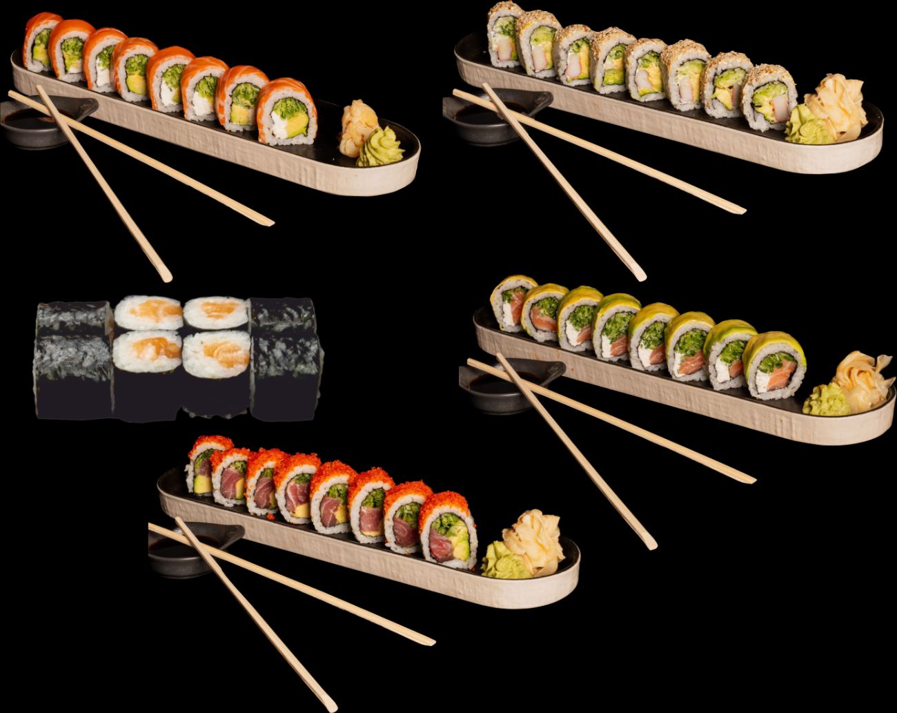 IVA GOLD SET - 40 AD - Philadelphia Roll (8 Ad), Sesame Roll (8 Ad),  Sake Maki (8 Ad), Golden Sake (8 Ad), California Tuna Roll (8 Ad)  (Zencefil turşusu, Vasabi ve Soya Sosu ile)