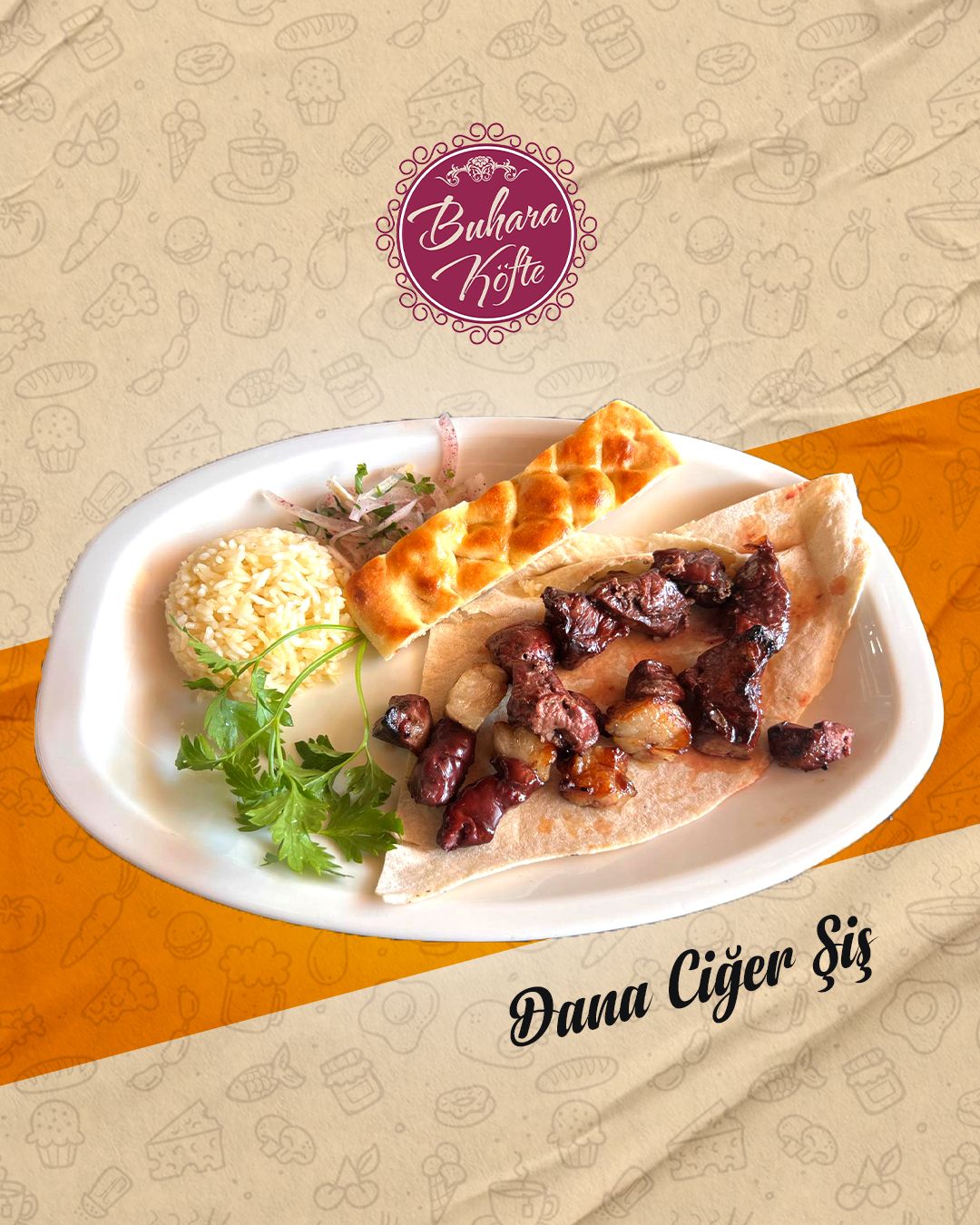 Dana Ciğer Şiş - Domates,Bİber,Sumaklı Soğan,Pirinç Pilavı Ve Lavaş ile Servis Edilir