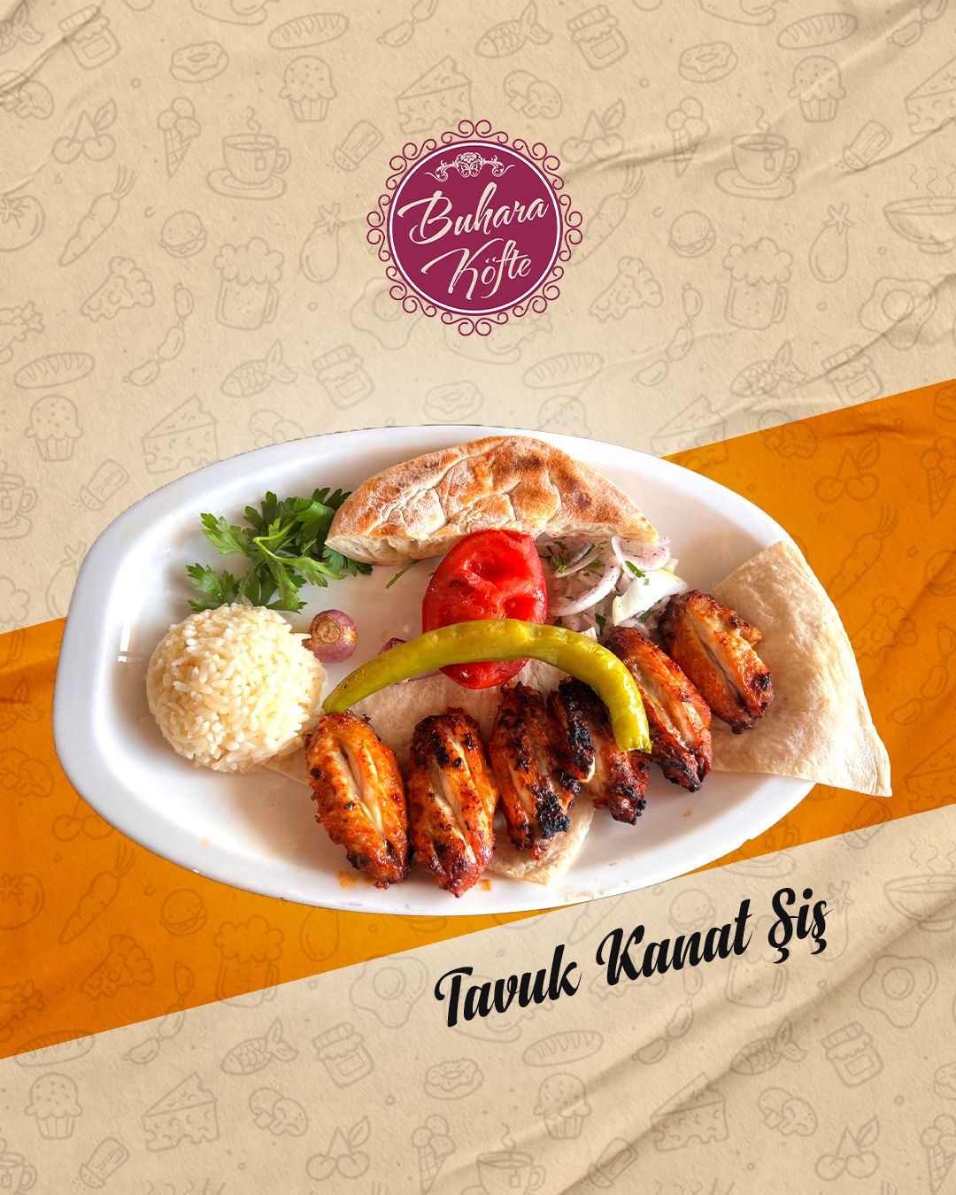 Tavuk Kanat Şiş - Domates,Bİber,Sumaklı Soğan,Pirinç Pilavı Ve Lavaş ile Servis Edilir