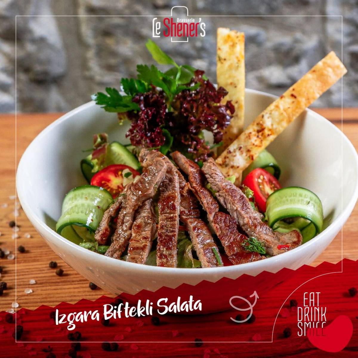 3.	Izgara biftekli salata - Mesculen yeşillikler, ızgara dana bifteği, zeytin dilimleri, chery domates, salatalık, rende mozzarella, özel le shener's salata sosu ile beraber.....